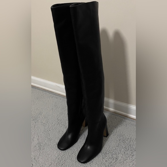 ZARA BLACK LEATHER OVER THE KNEE BOOTS ZIP & BLOCK HEEL Size US-7 / EU 37 - Picture 3 of 16